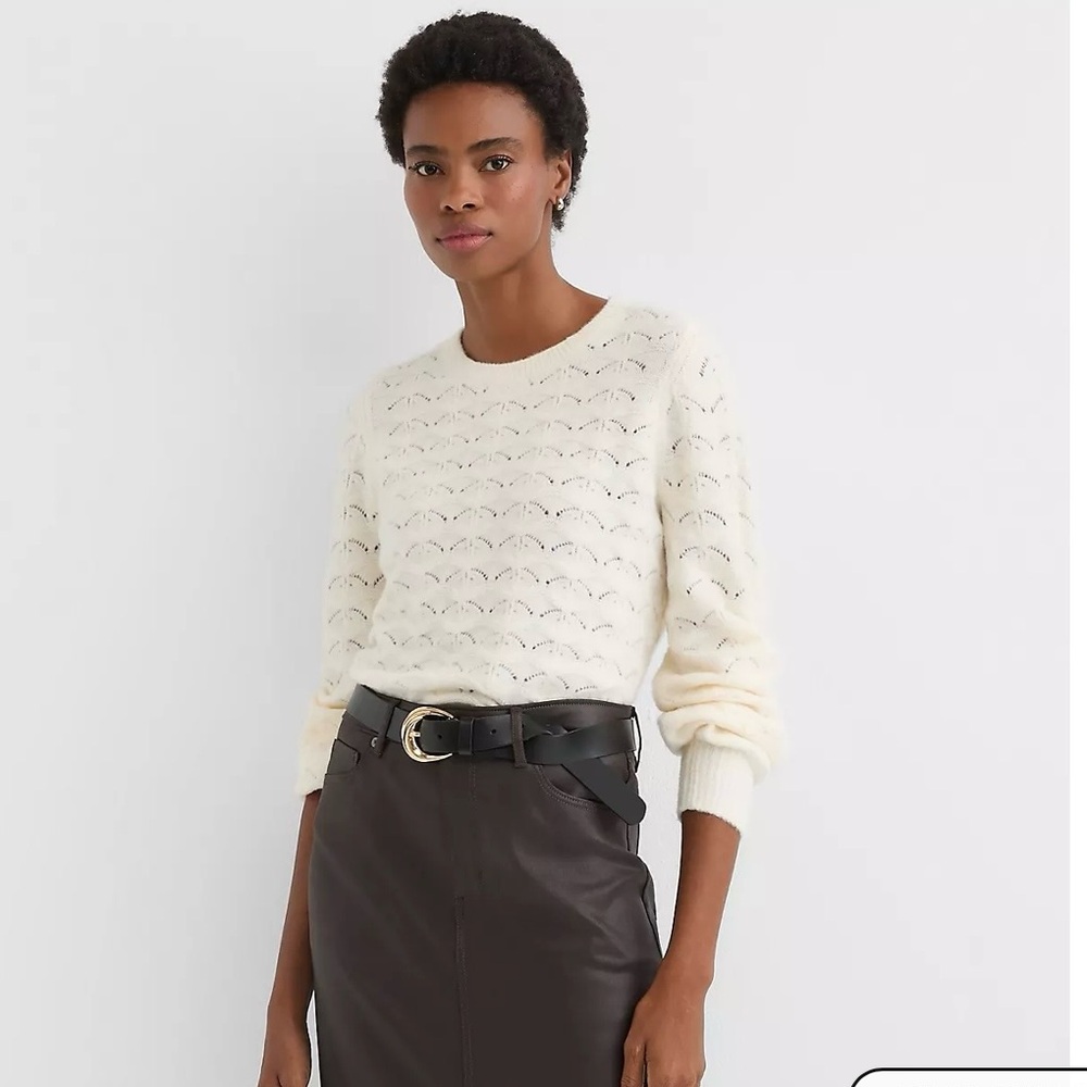 LOFT crew neck, puff sleeve knit ivory sweater